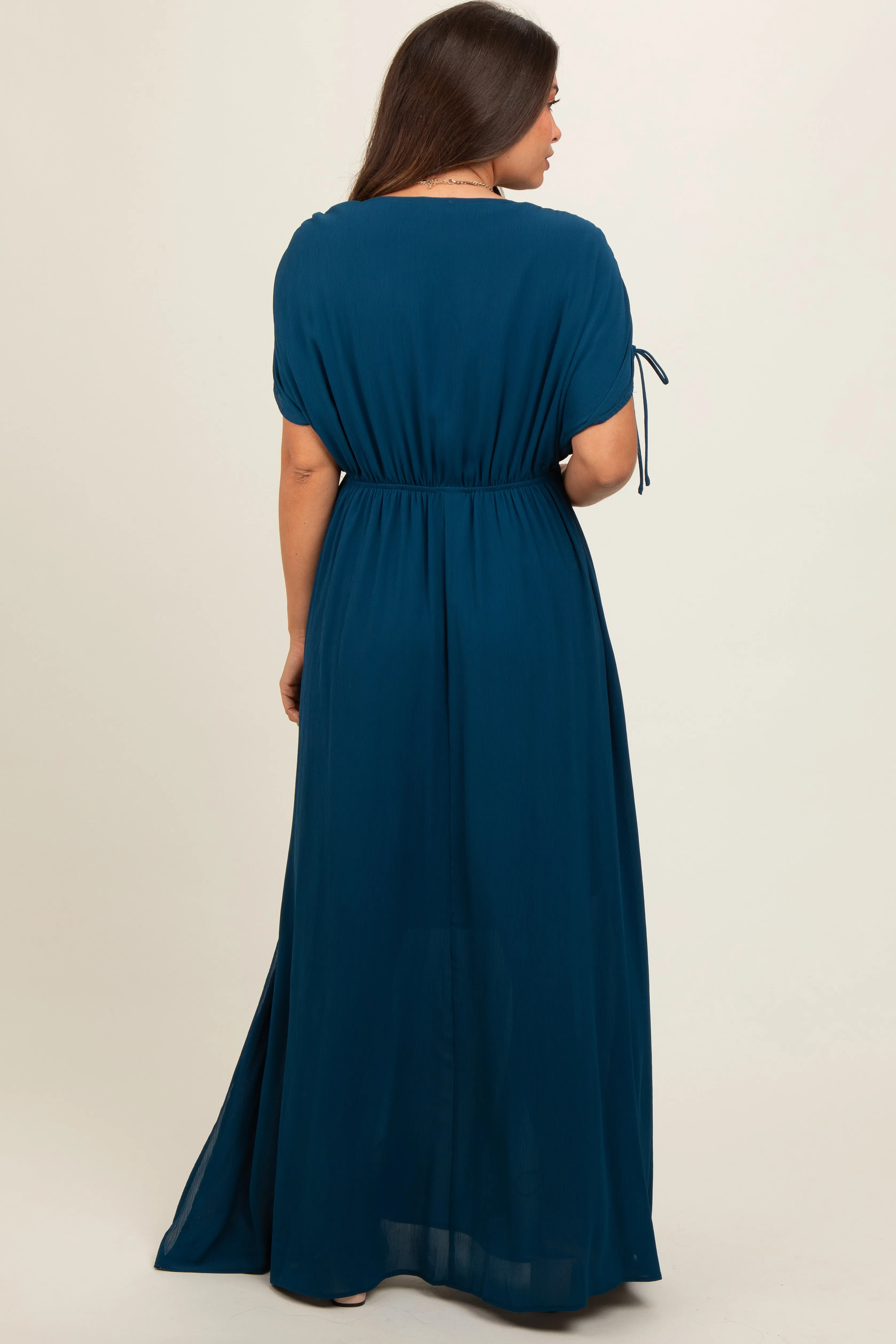 Navy Blue V-Neck Drawstring Short Sleeve Side Slit Maternity Maxi Dress sold by Pinkblush product image thumbnail 2