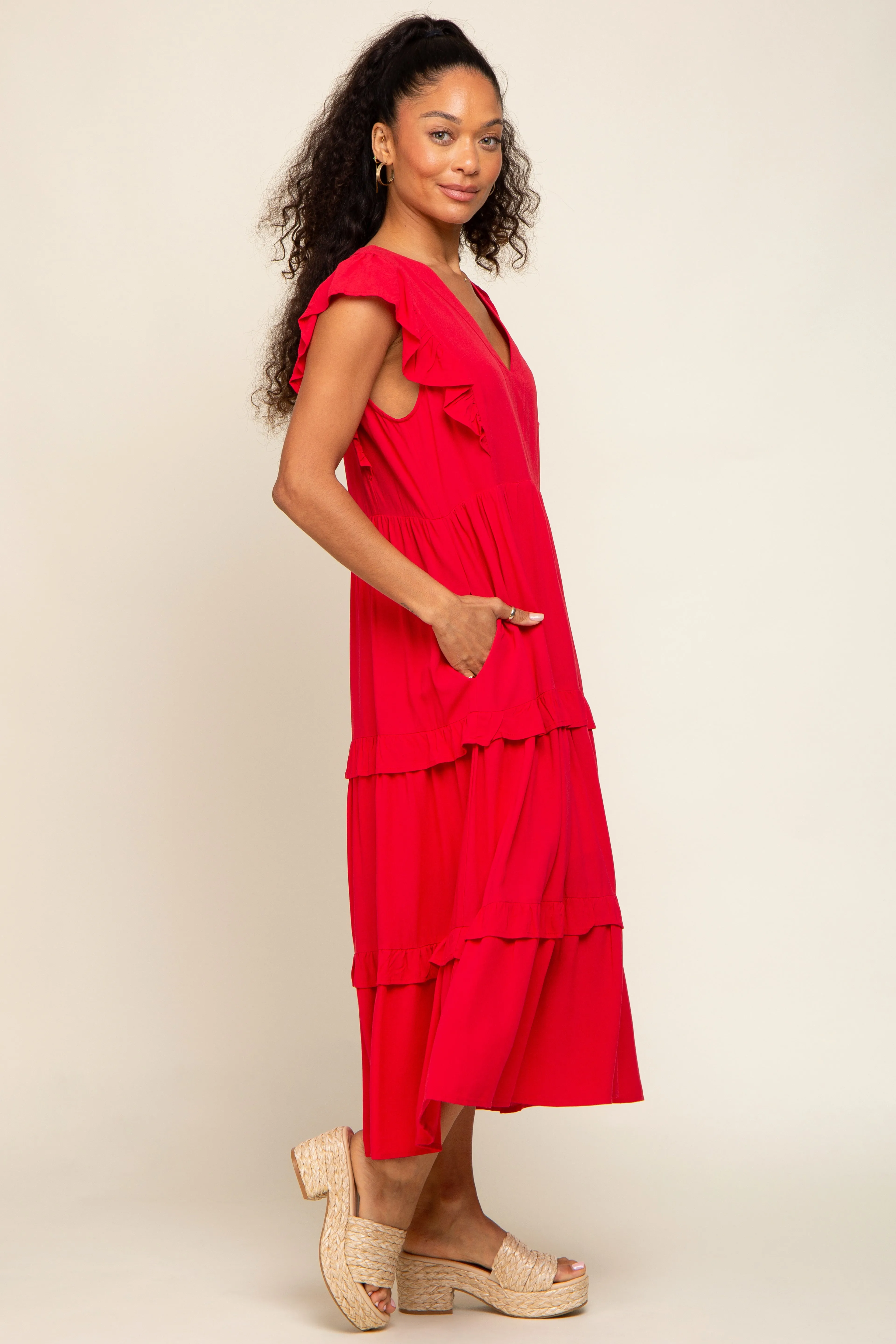 Red Ruffle Accent Tiered Midi Dress sold by Pinkblush product image thumbnail 2