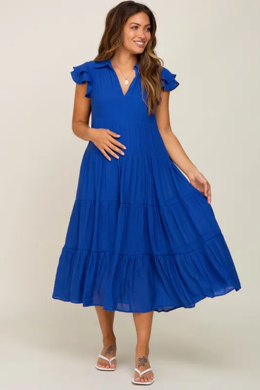 Royal Blue Flutter Sleeve Tiered Maternity Midi Dress sold by Pinkblush