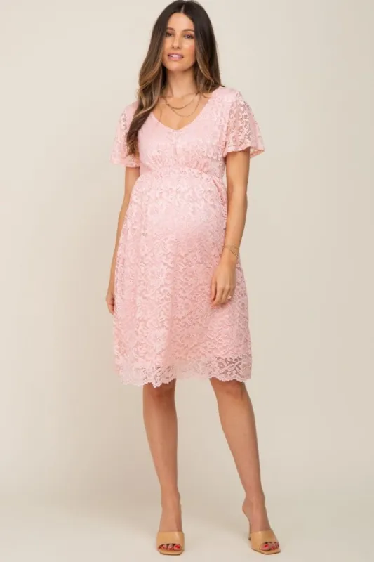 Pink Lace Knee Length Maternity Dress sold by Pinkblush