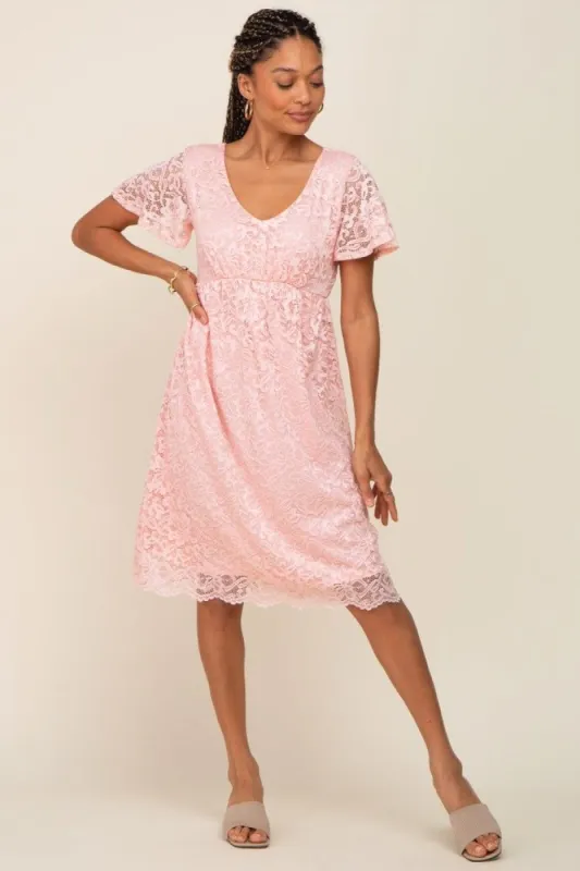 Pink Lace Knee Length Dress sold by Pinkblush