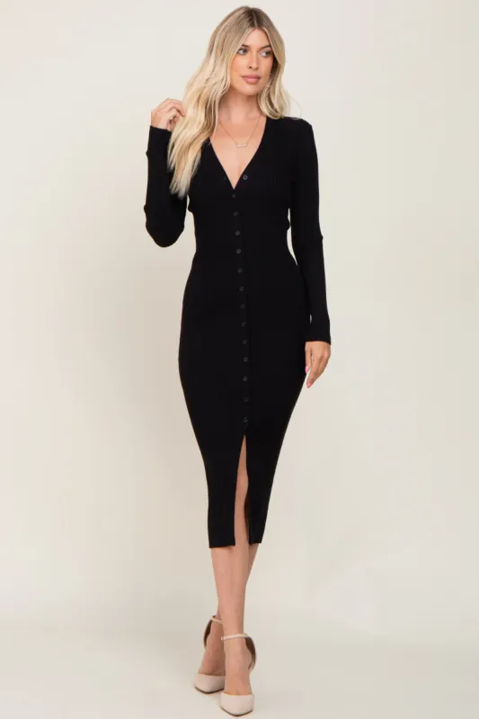 Black Ribbed Button Front Long Sleeve Dress sold by Pinkblush