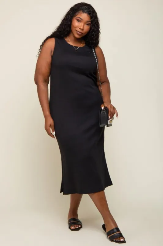 Black Basic Ribbed Side Slit Plus Midi Dress sold by Pinkblush