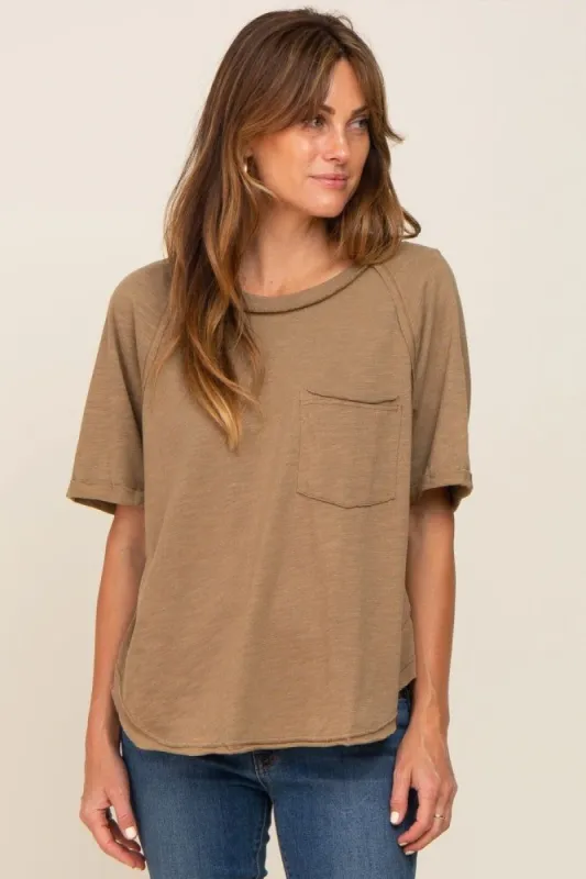 Mocha Front Pocket Raw Edge Trim Short Sleeve Top sold by Pinkblush