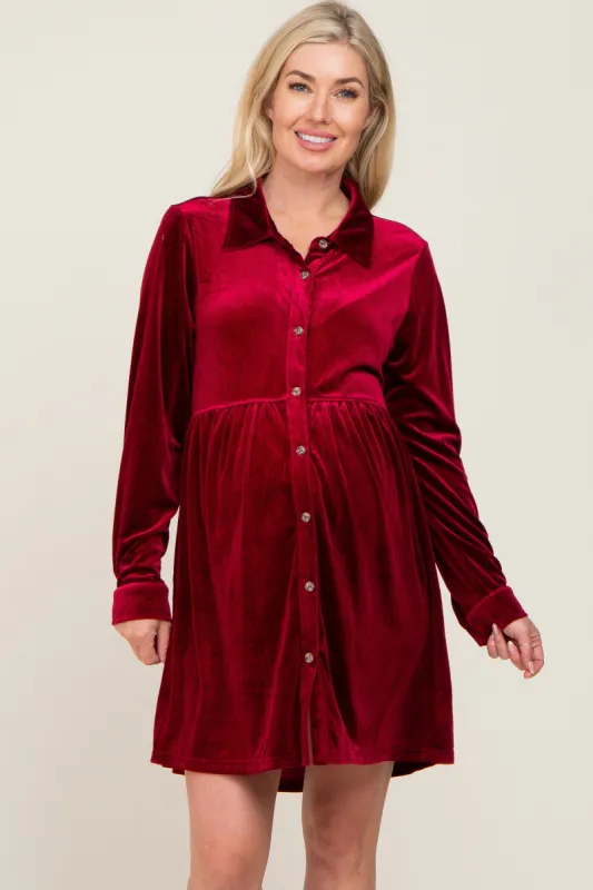Burgundy Velvet Button Down Maternity Mini Dress sold by Pinkblush