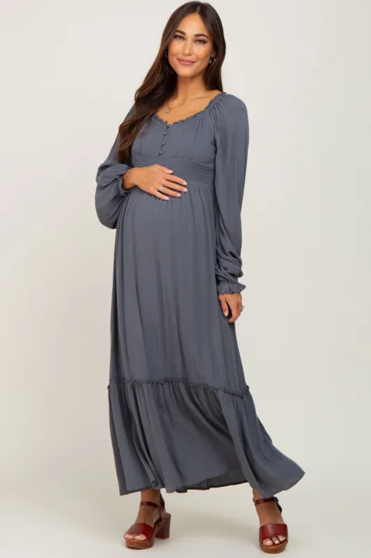 Charcoal Lace Trim Smocked Waist Maternity Maxi Dress sold by Pinkblush