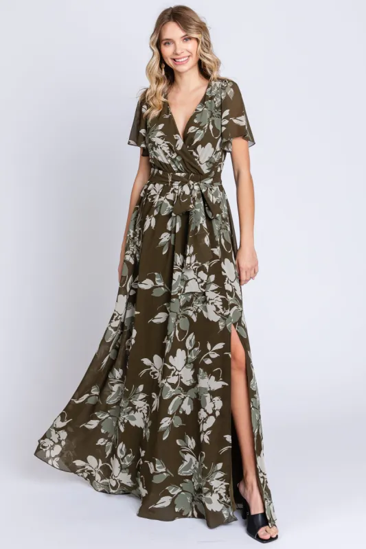 Olive Floral V-Neck Side Slit Dress sold by Pinkblush