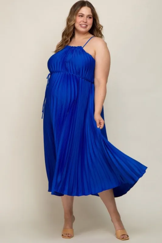 Royal Blue Pleated Sleeveless Waist Tie Maternity Plus Maxi Dress sold by Pinkblush