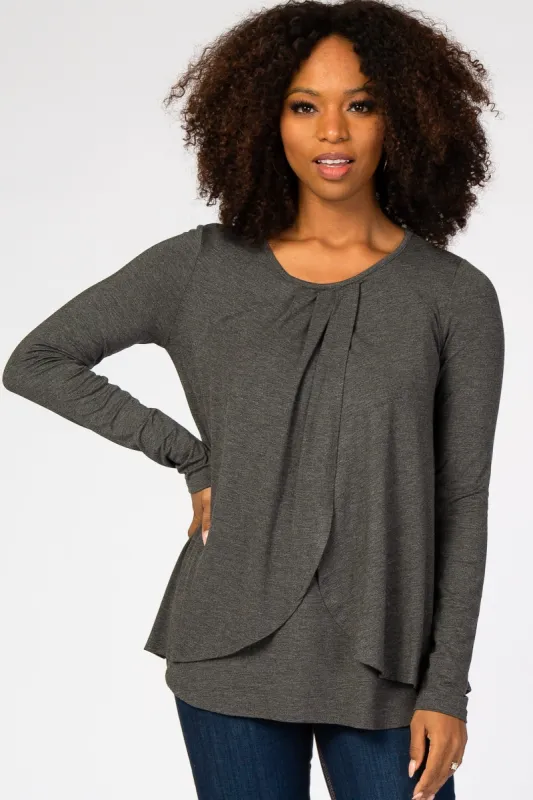 Charcoal Pleated Front Layered Nursing Top sold by Pinkblush