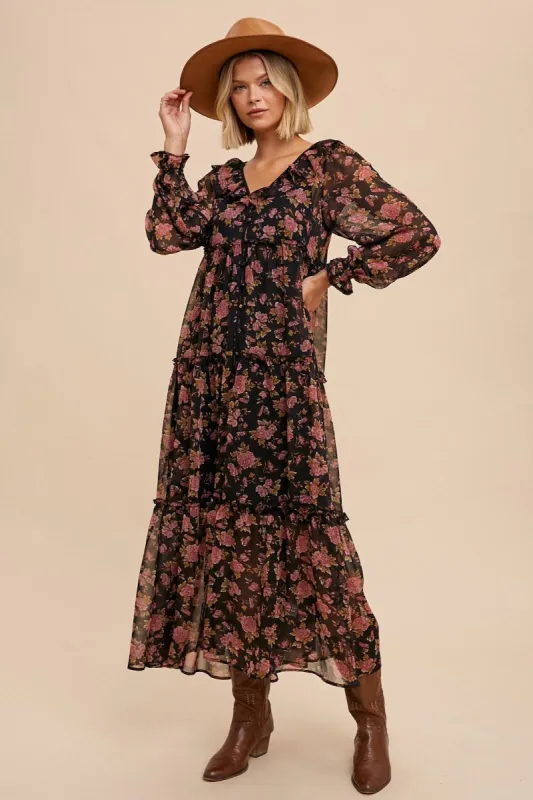 Black Floral Button Front Ruffle Accent Maxi Dress sold by Pinkblush