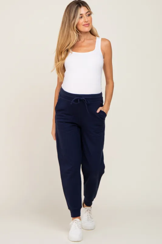 Navy Basic Drawstring Maternity Sweatpants sold by Pinkblush