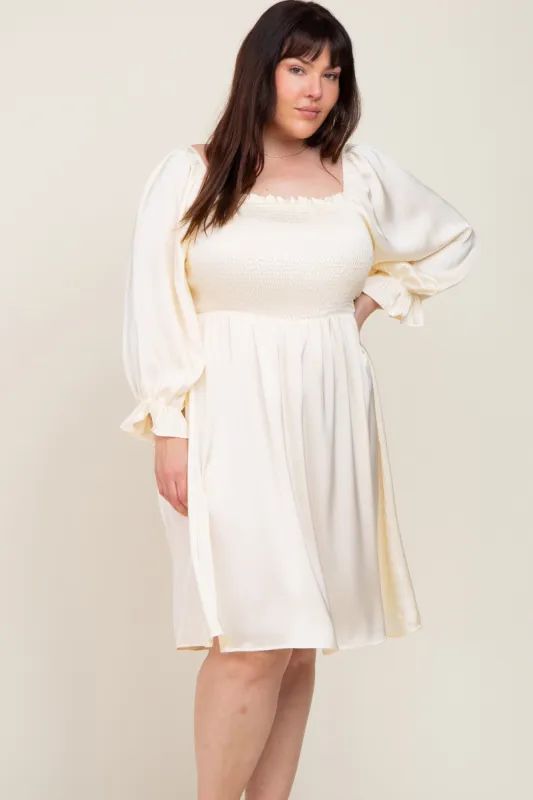 Ivory Satin Smocked Square Neck Plus Dress sold by Pinkblush