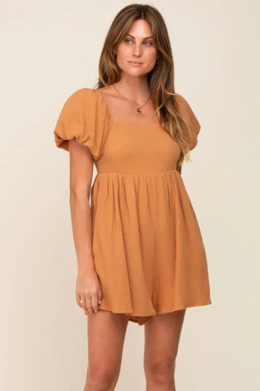 Camel Puff Sleeve Romper sold by Pinkblush