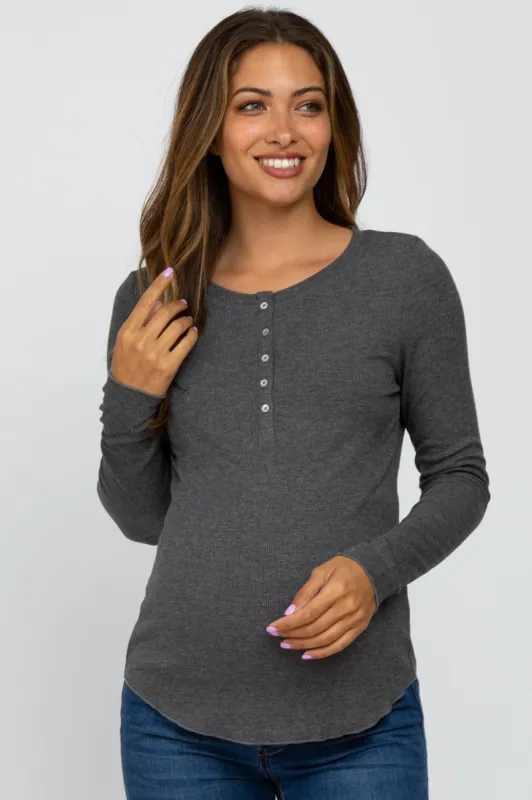 Charcoal Ribbed Button Front Long Sleeve Maternity Top sold by Pinkblush