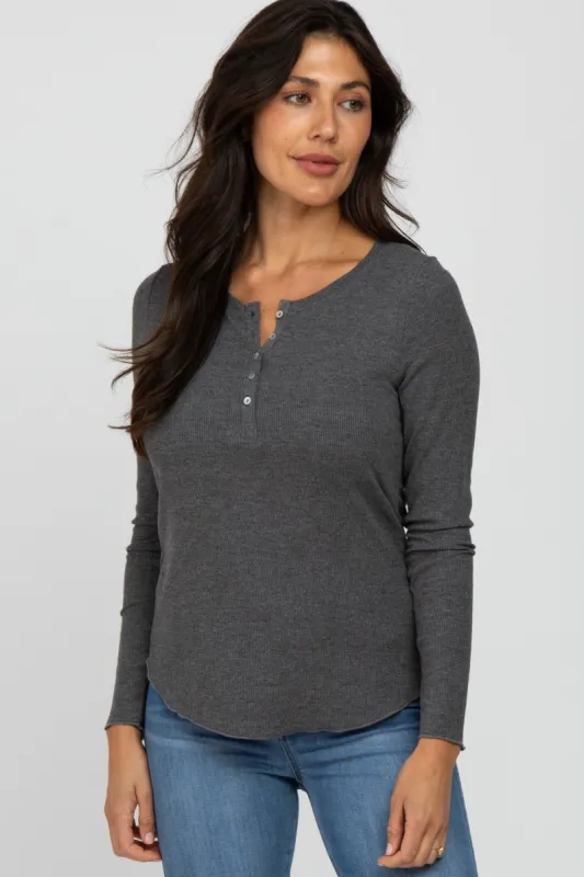 Charcoal Ribbed Button Front Long Sleeve Top sold by Pinkblush