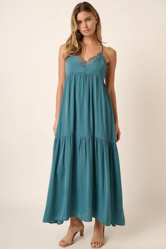 Teal Sleeveless Lace Tiered Maxi Dress sold by Pinkblush