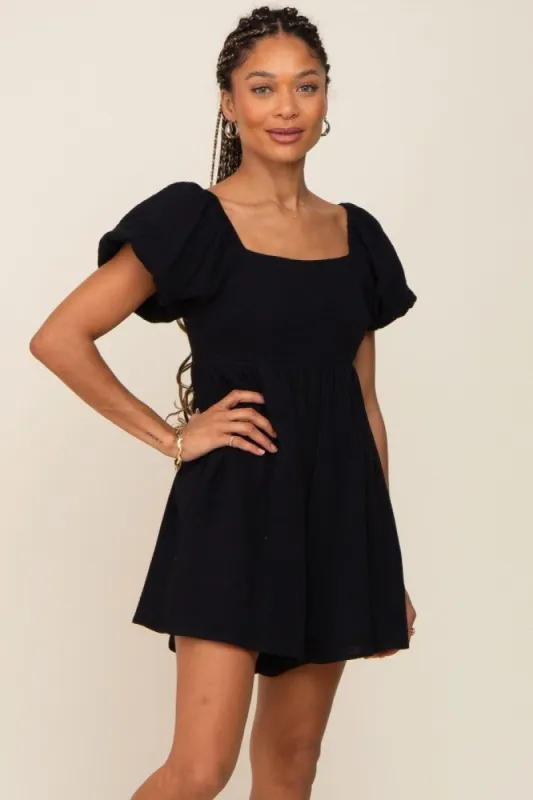 Black Puff Sleeve Romper sold by Pinkblush
