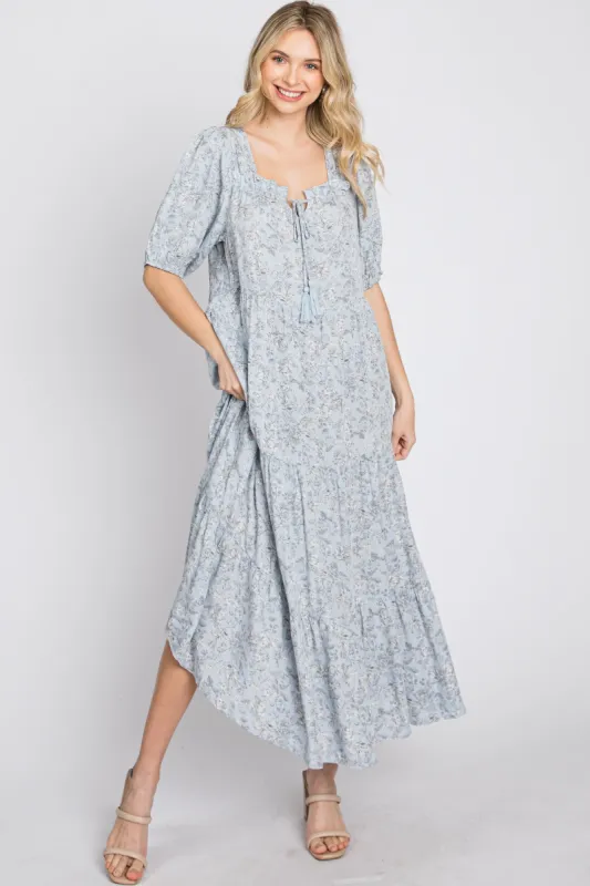Blue Floral Square Neck Front Tie Tiered Mid Dress sold by Pinkblush