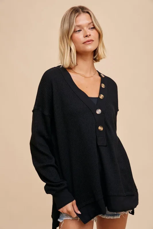 Black Waffle Knit Deep V-Neck Top sold by Pinkblush