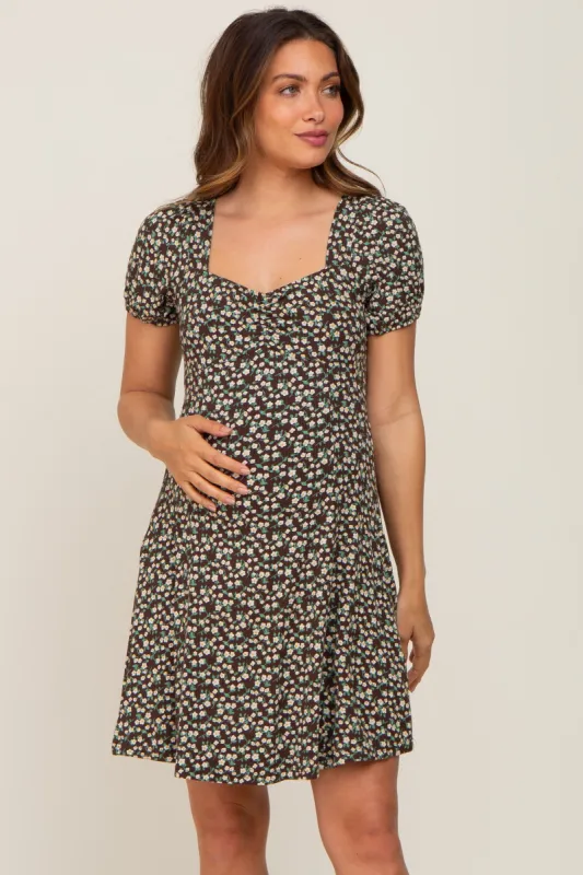 Brown Floral Criss Cross Back A-Line Maternity Dress sold by Pinkblush