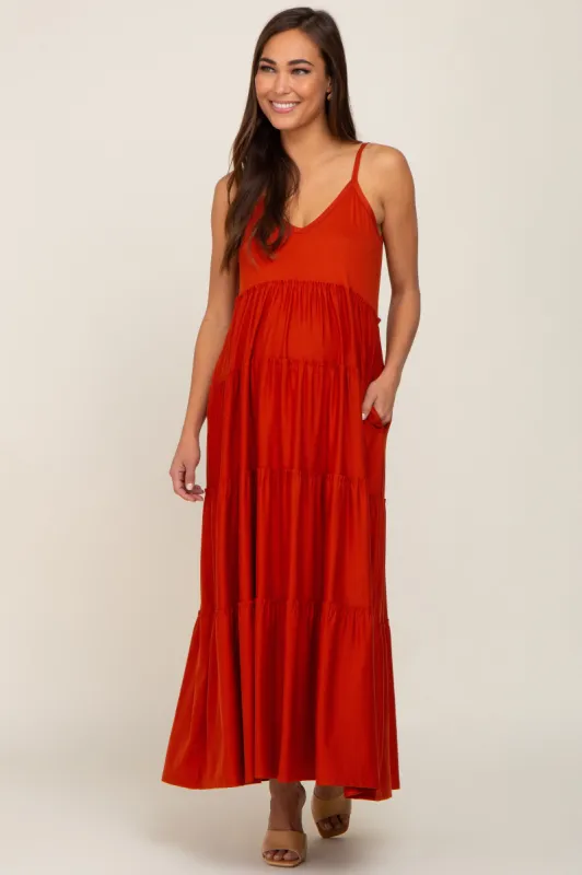 Rust Tiered Sleeveless Maternity Maxi Dress sold by Pinkblush