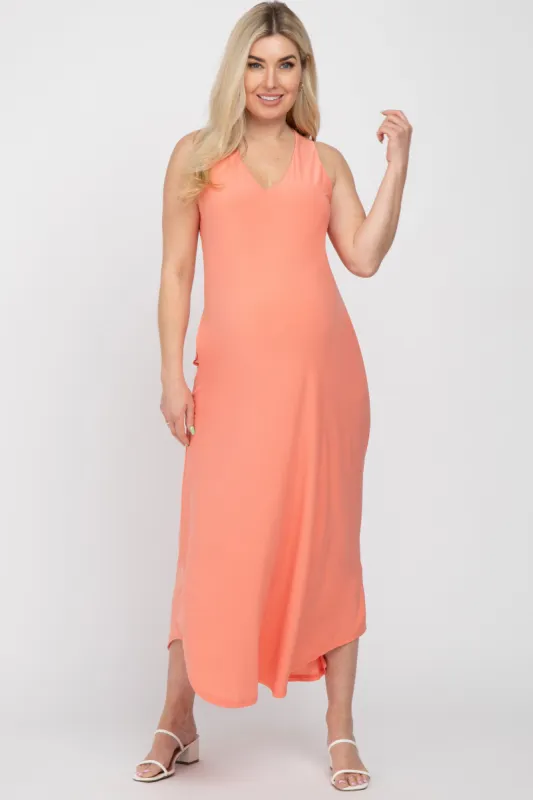 Coral V-Neck Round Hem Maternity Midi Dress sold by Pinkblush
