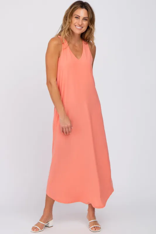 Coral V-Neck Round Hem Midi Dress sold by Pinkblush
