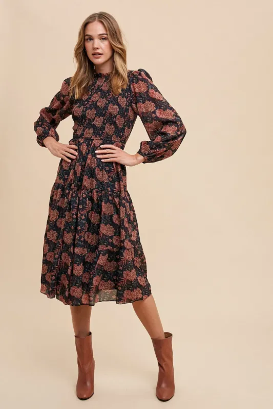 Black Flower Print Smocking Bodice Woven Midi Dress sold by Pinkblush