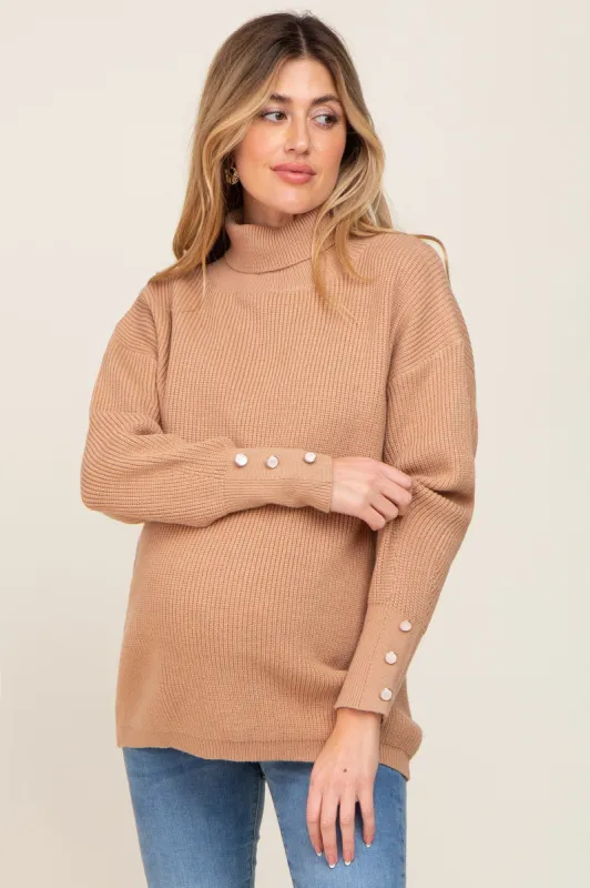Camel Button Accent Turtleneck Maternity Sweater sold by Pinkblush