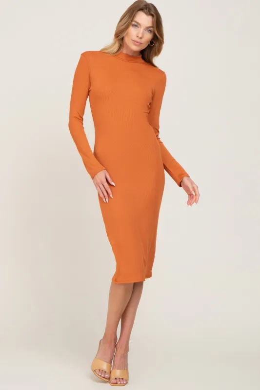 Orange Ribbed Fitted Mock Neck Long Sleeve Dress sold by Pinkblush