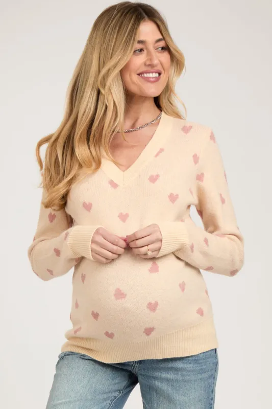 Cream Heart Print Knit Maternity Sweater sold by Pinkblush