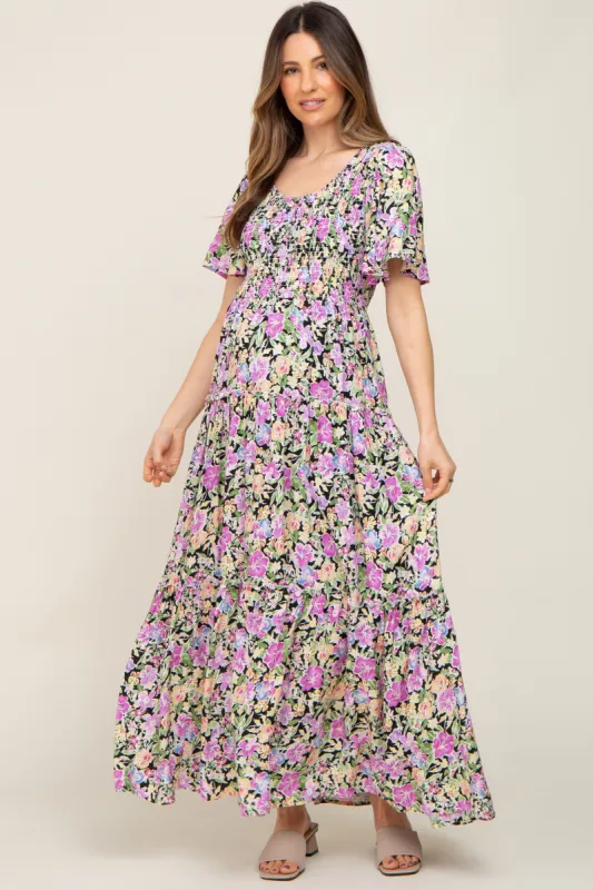Black Floral Smocked Ruffle Tier Maternity Maxi Dress sold by Pinkblush