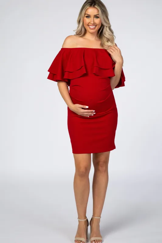Red Double Layer Ruffle Off Shoulder Maternity Dress sold by Pinkblush