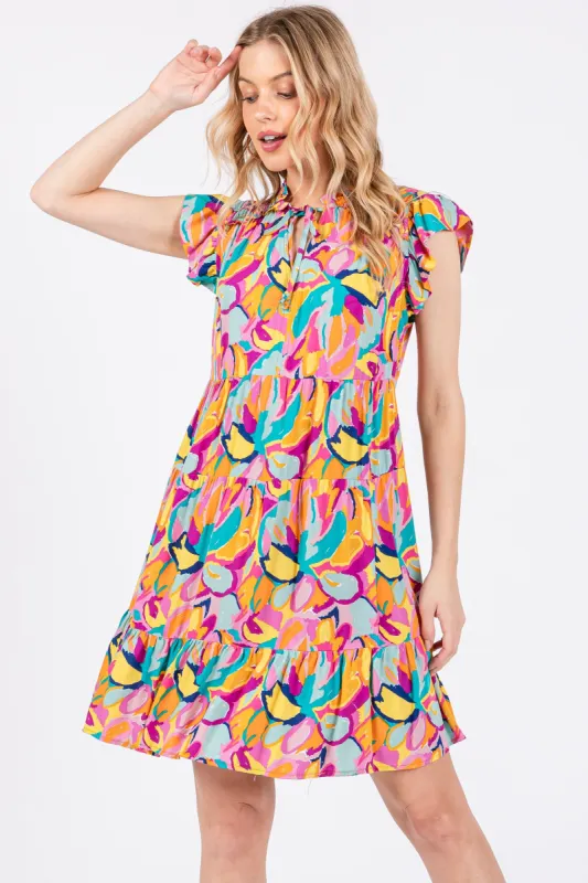 Purple Print Front Tie Tiered Dress sold by Pinkblush