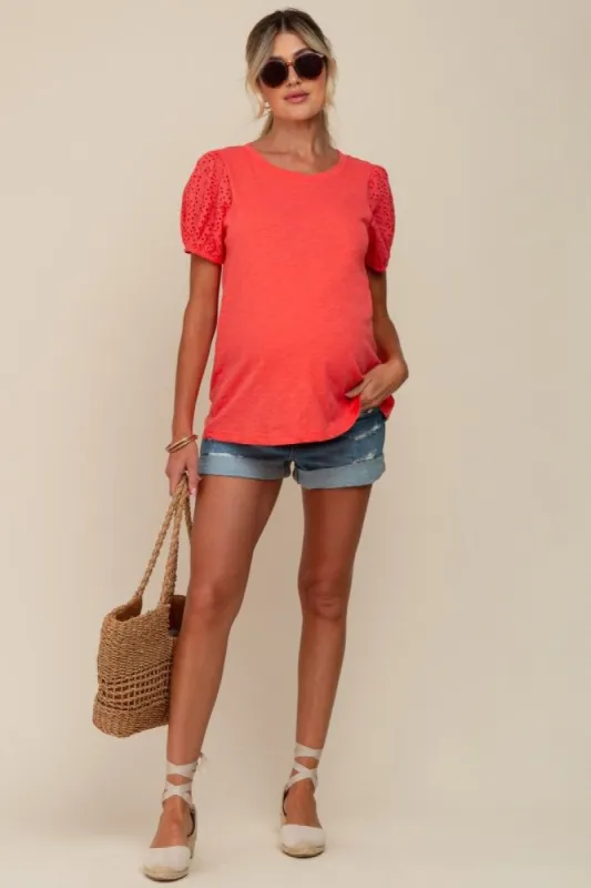 Coral Eyelet Lace Short Sleeve Maternity Top sold by Pinkblush
