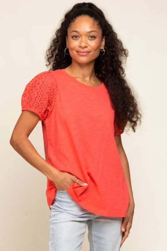 Coral Eyelet Lace Short Sleeve Top sold by Pinkblush