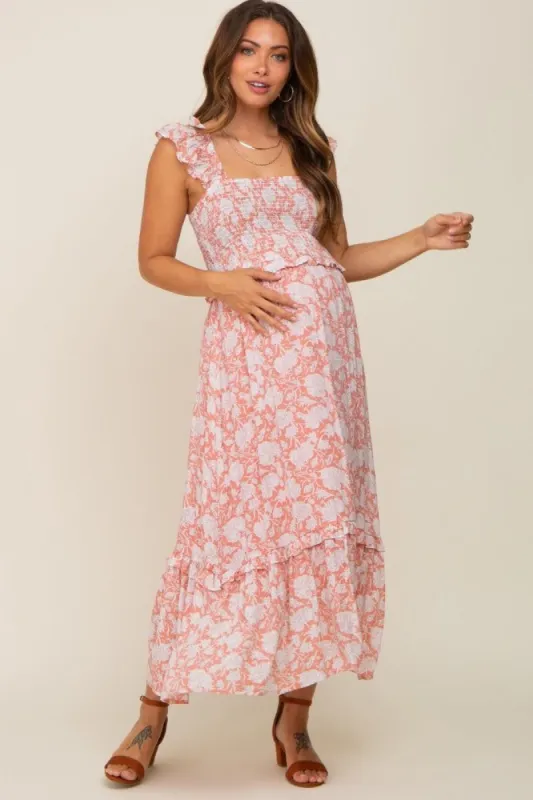 Mauve Floral Ruffle Accent Smocked Maternity Midi Dress sold by Pinkblush