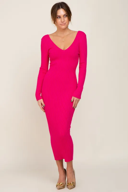 Fuchsia V-Neck Long Sleeve Fitted Maxi Dress sold by Pinkblush
