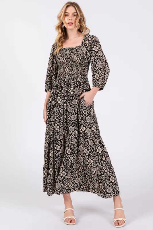Black Floral Smocked Half Sleeve Midi Dress sold by Pinkblush