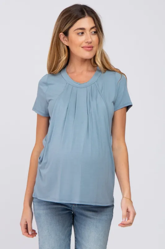 PinkBlush Light Blue Pleated Draped Front Maternity/Nursing Top sold by Pinkblush