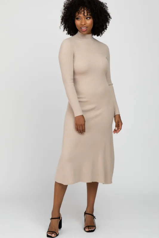 Beige Mock Neck Flared Midi Dress sold by Pinkblush