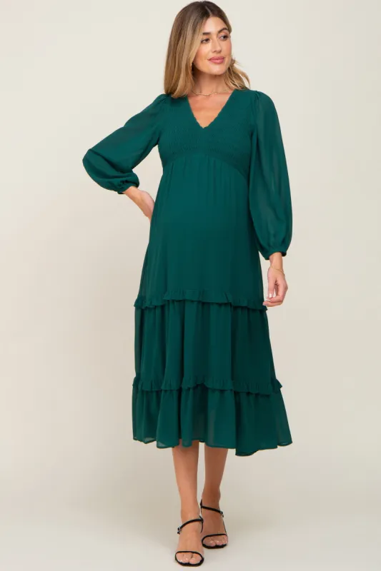 Forest Green Smocked Tiered Maternity Dress sold by Pinkblush