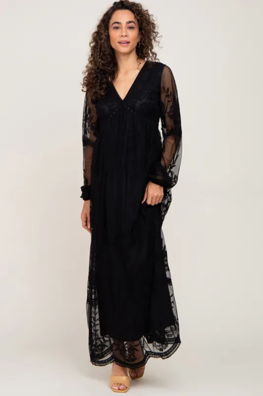 PinkBlush Black Lace Mesh Overlay Long Sleeve Maxi Dress sold by Pinkblush