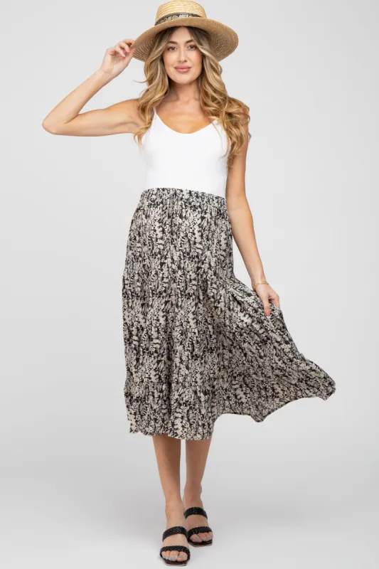 Black Leaf Print Tiered Maternity Midi Skirt sold by Pinkblush