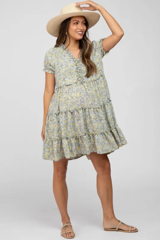 Mint Green Floral Ruffle Accent Tiered Maternity Dress sold by Pinkblush