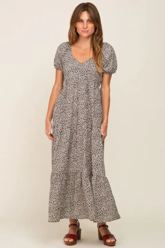 Ivory Foral Puff Sleeve Maxi Dress sold by Pinkblush