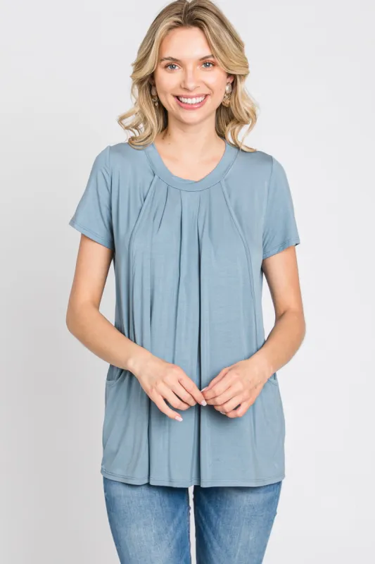 PinkBlush Light Blue Pleated Draped Front Nursing Top sold by Pinkblush