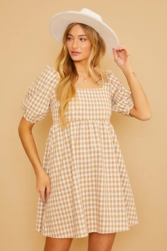 Taupe Houndstooth Tweed Square Neck Dress sold by Pinkblush