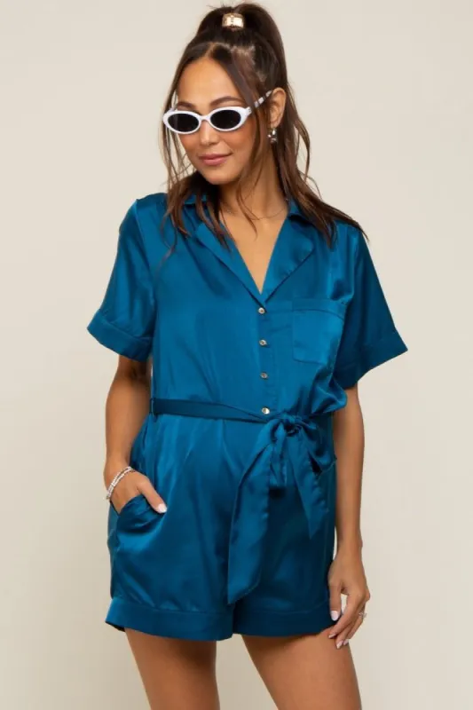 Teal Satin Button Down Maternity Romper sold by Pinkblush