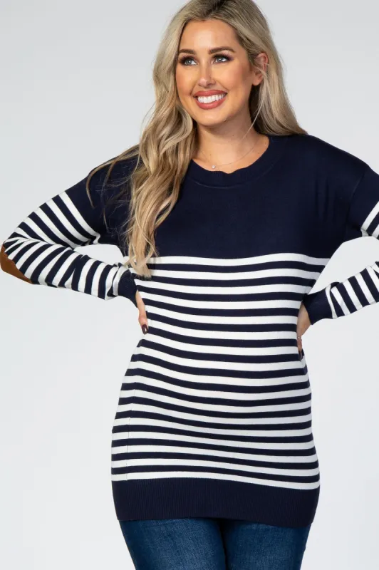 Navy Blue Striped Elbow Patch Knit Maternity Sweater sold by Pinkblush